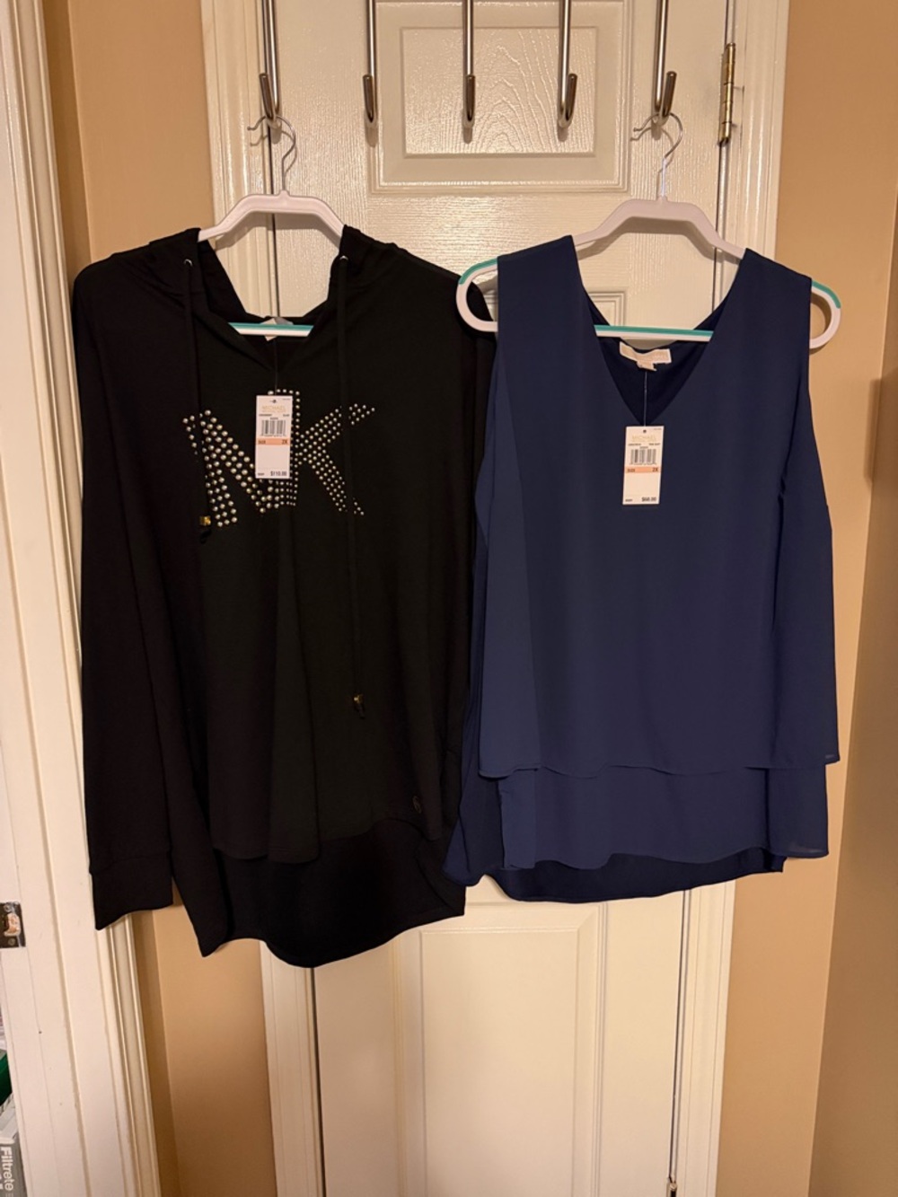 Michael Kors Black Hoodie with Gold Studded MK Logo and navy sheer layers tank
